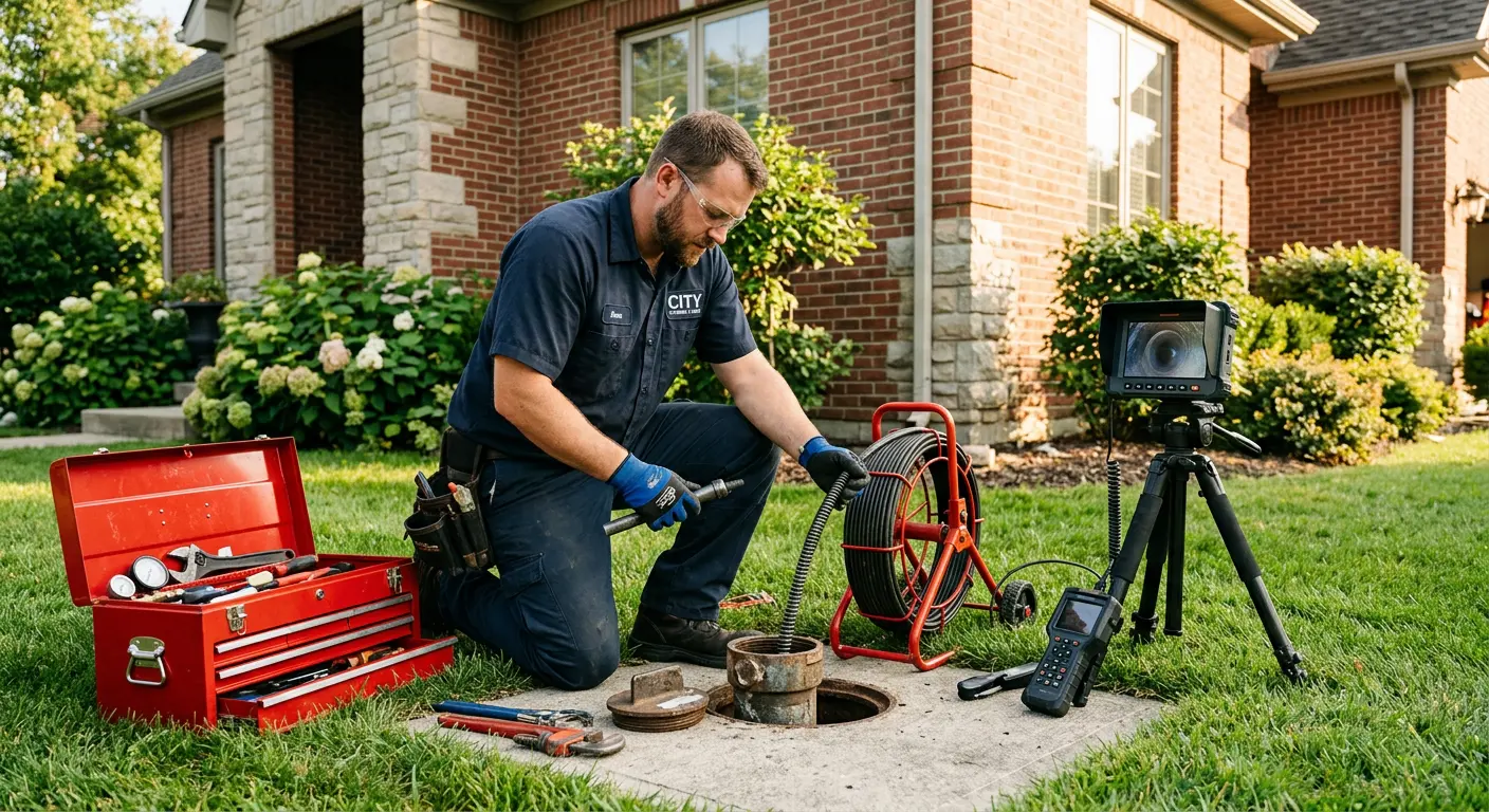 Sewer specialist with camera equipment servicing a cleanout in Angleton
