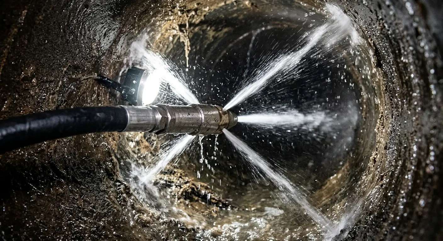 High-pressure hydro jetting nozzle cleaning sewer pipe for Sewer Line Relining in Angleton
