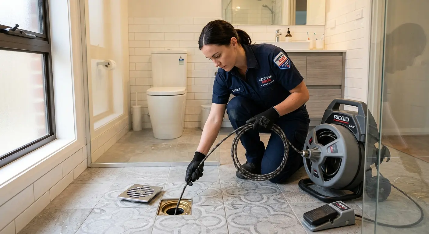 Technician clearing a bathroom floor drain for Sewer Line Installation in Angleton